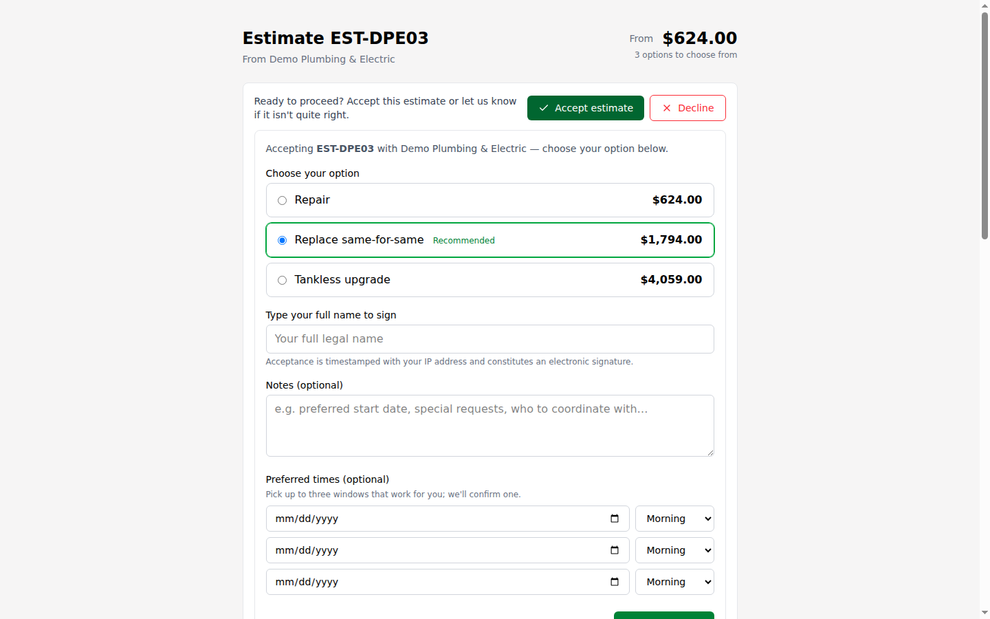 The public ServCTRL estimate page where the customer picks a tier and signs