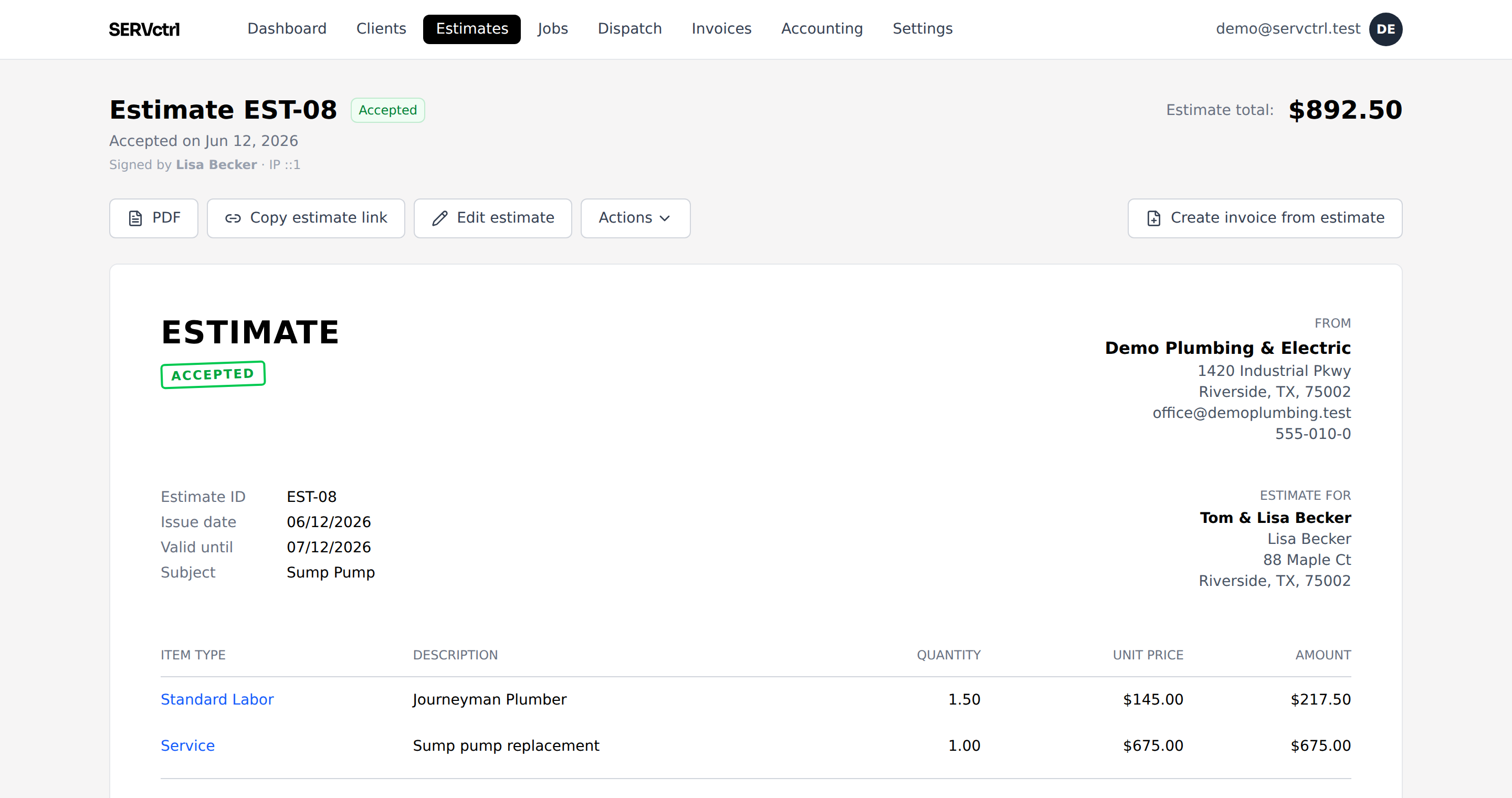 A ServCTRL estimate built from flat-rate price-book lines