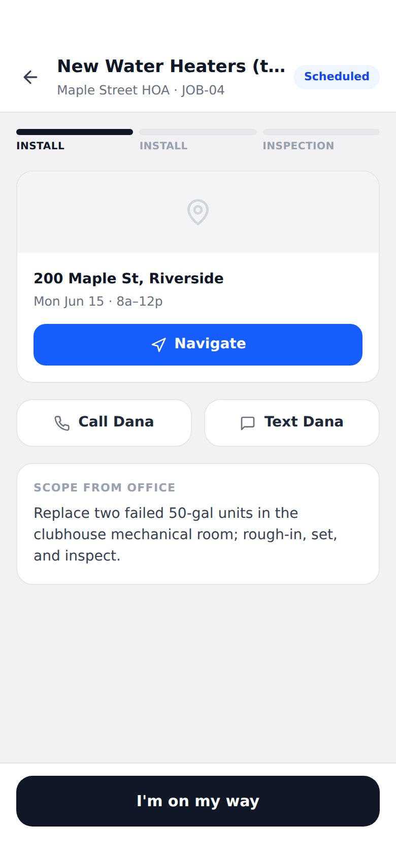 ServCTRL field app on a phone, showing a tech's stop list for the day