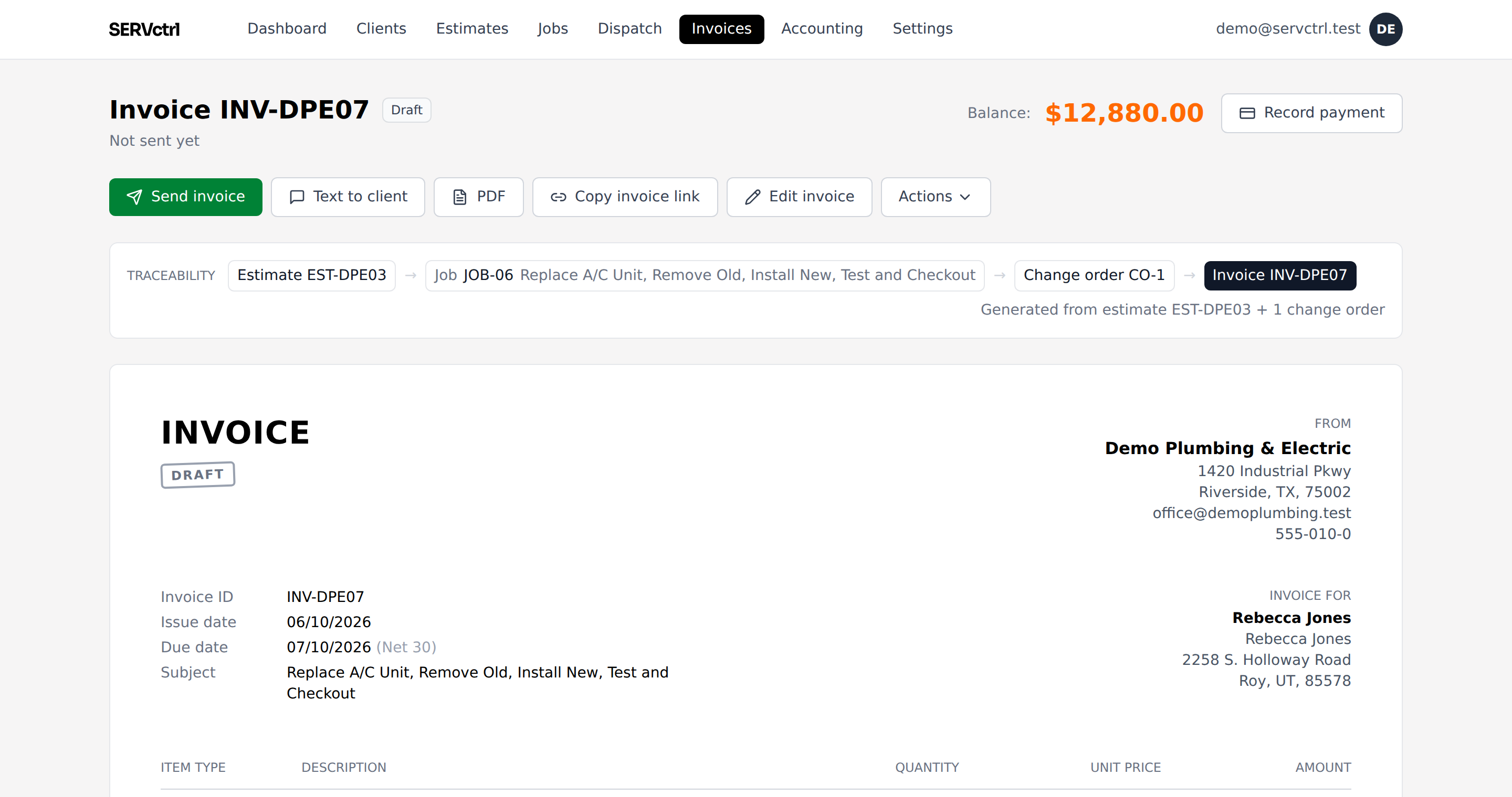 A ServCTRL invoice traced from estimate to job to change order