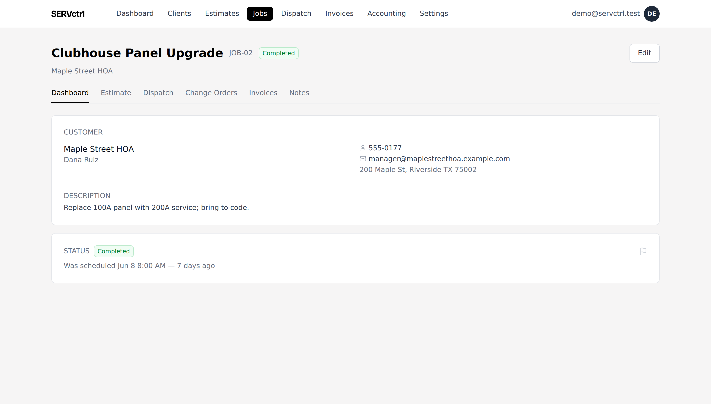 A ServCTRL job page showing the customer, scope, and status
