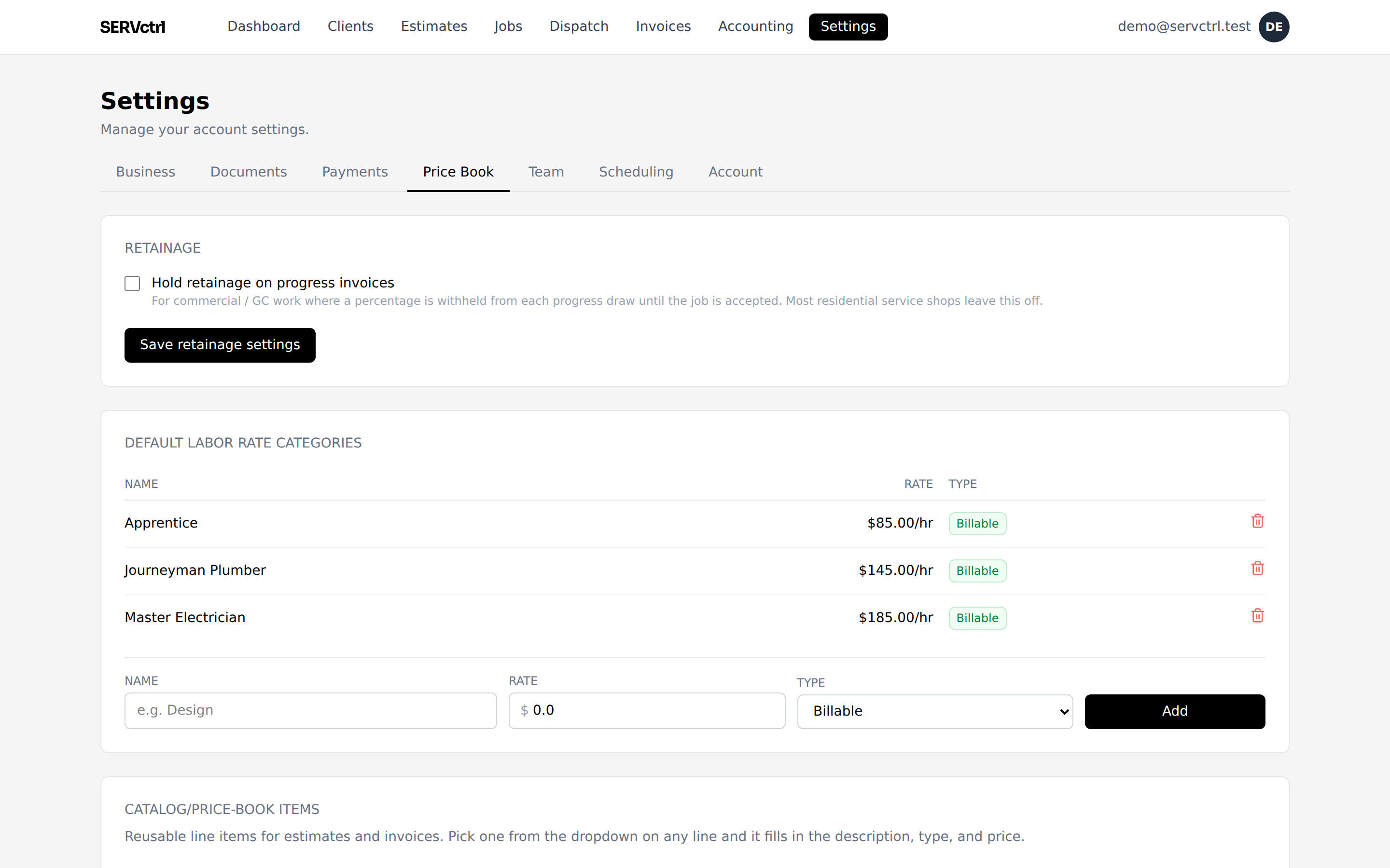 ServCTRL price book with flat-rate handyman task lines and labor rates